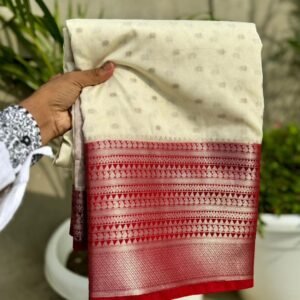 Banarasi Semi Georget Saree - Cream With Red