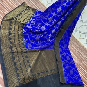 Banarasi Dupion Silk Saree - Dark Blue With Black