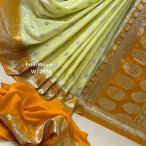 Banarasi Katan Georget Saree - Pista With Mustard