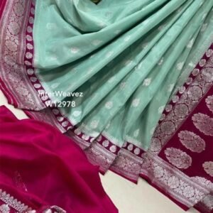 Banarasi Katan Georget Saree - Firozi With Rani