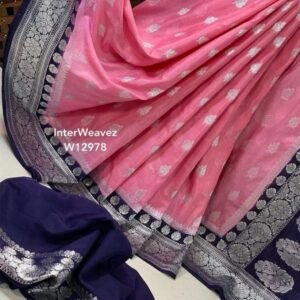 Banarasi Katan Georget Saree - Pink With Blue