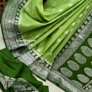 Banarasi Katan Georget Saree - Lite Green With Dark Green